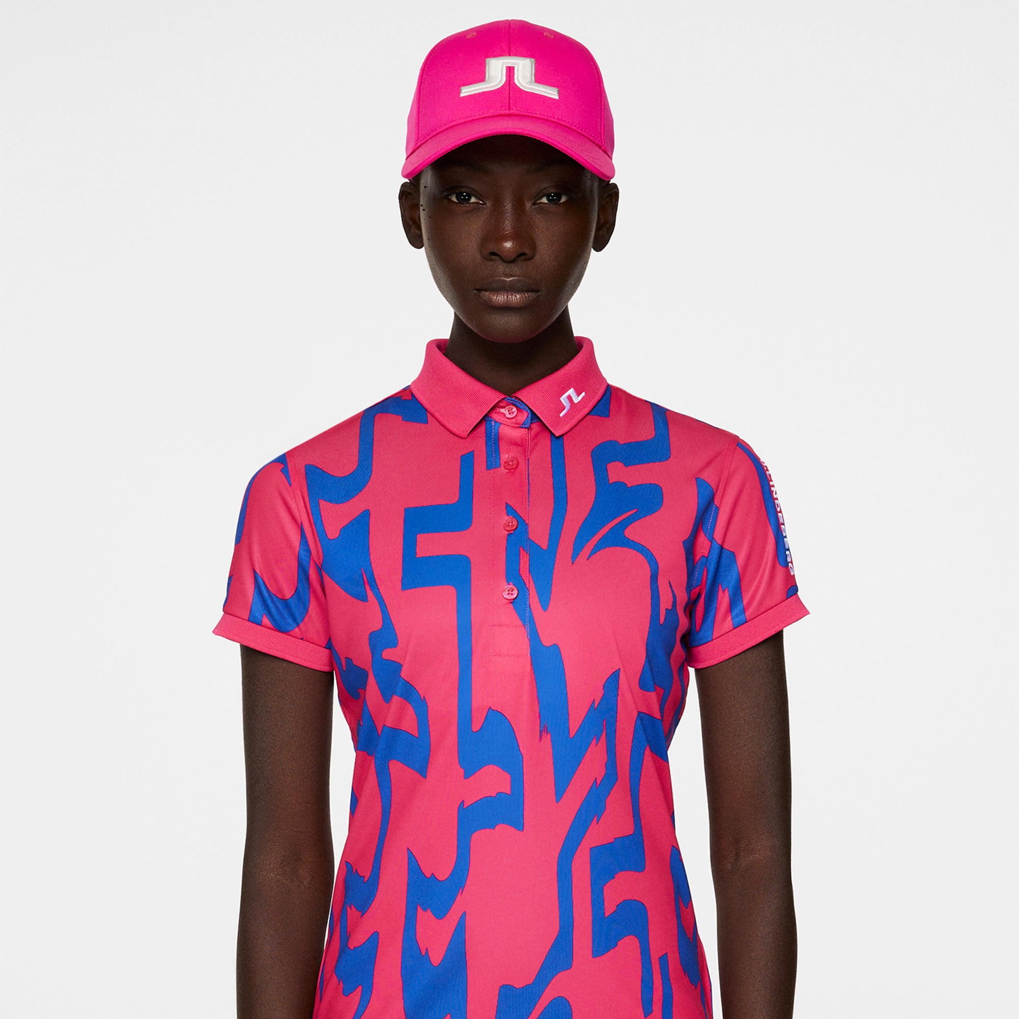 J Lindeberg Tour Tech Print Ladies Golf Polo Shirt Glitch Bridge Pink